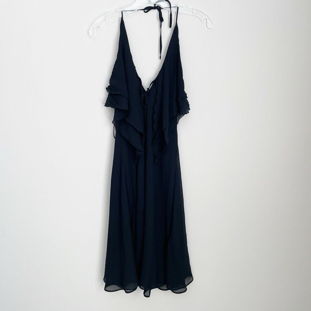 Express Size XS Black Vintage Y2K Dress Silk Ruffle Midi Length Slip Halter Tie